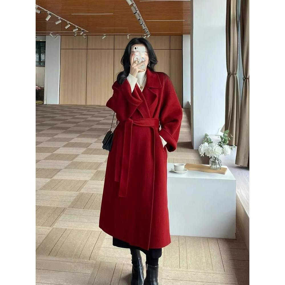 Red Woolen Coat Women's Woolen Coat Autumn and Winter High-end Sense of Small Loose Mid-length Style