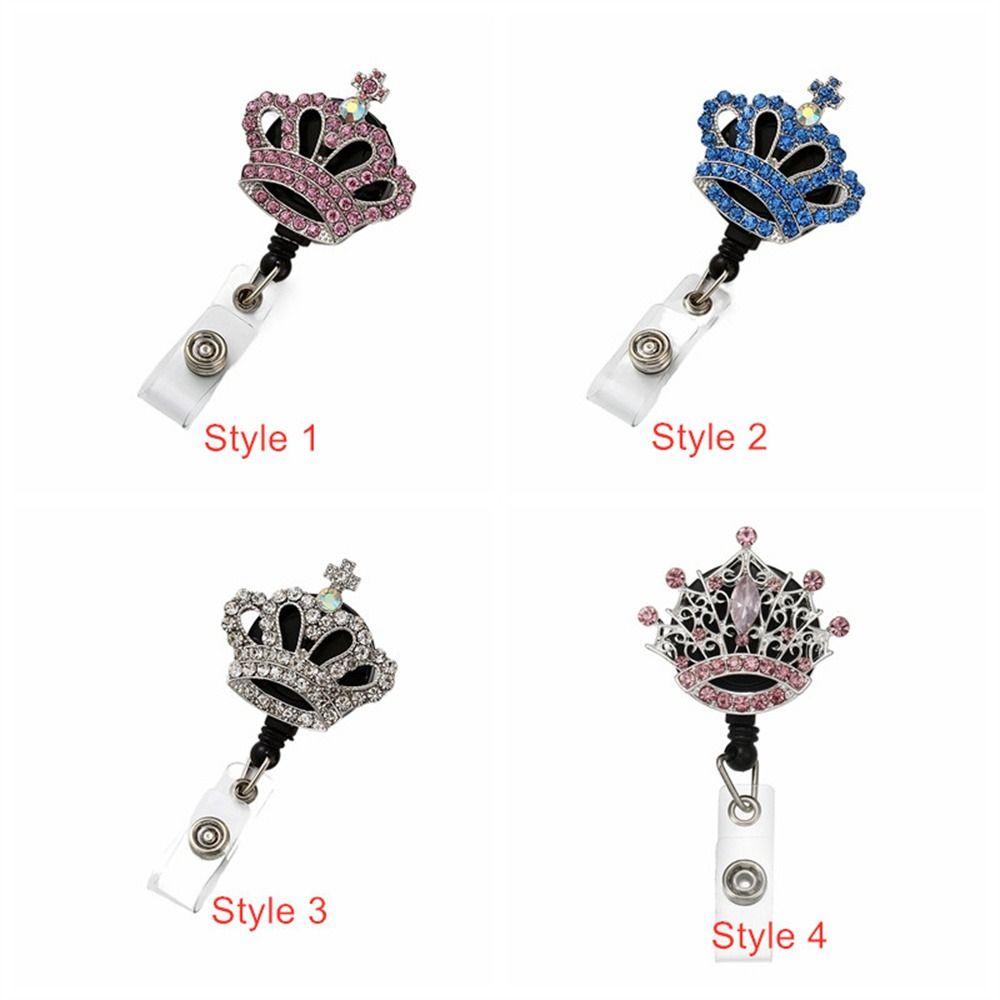 Rhinestone Crown Badge Reel Easy-pull Diamond ID Card Holder Rotation Name Card Retractable Badge Holder Office Accessories