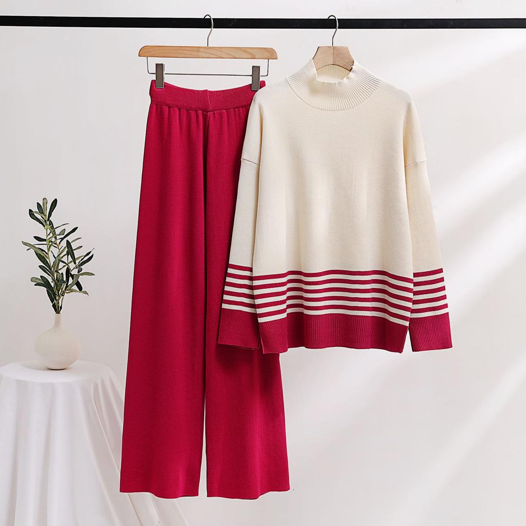 Autumn and Winter Knitted Wide-leg Pants Sweater Set Pullover Elastic Contrast Color Casual Loose Two-piece Women's Clothing