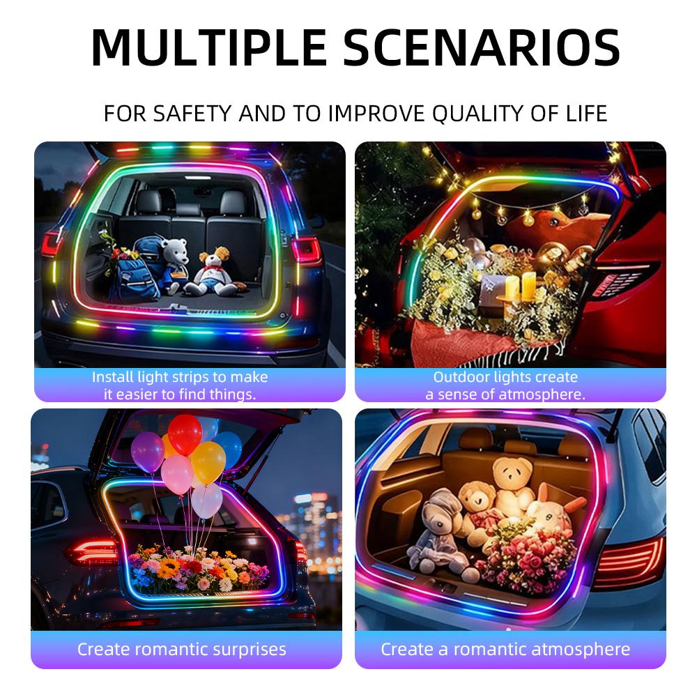 4M Car Trunk LED Strip Light RGB Rainbow Dynamic Chasing Light Universal Auto Trunk Decoration Exterior Interior LED Light 12V