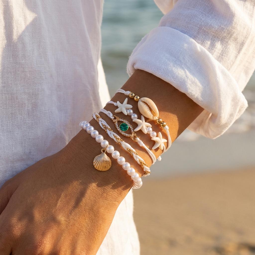 5 Stück/Set Bohemian Seestern Muschel Muschel Armbänder für Frauen Ethnischer Stil Imitation Perle Zirkon Perlen Armreifen Strand Schmuck