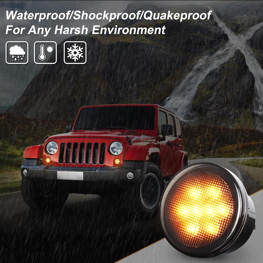JK Turn Signal Lights Smoke Lens Amber LED Front Grill Indicator Parking Lights for Jeep Wrangler JK JKU 2007-2017