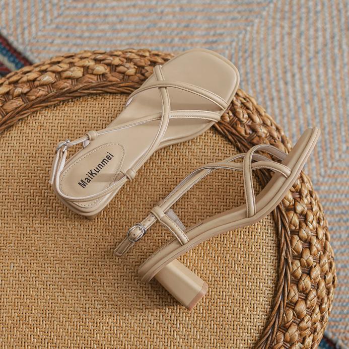 Fashion  designer narrow band women sandals thick high heels gladiator sandalias mujer soft leather zapatos de tacón mujer 2025