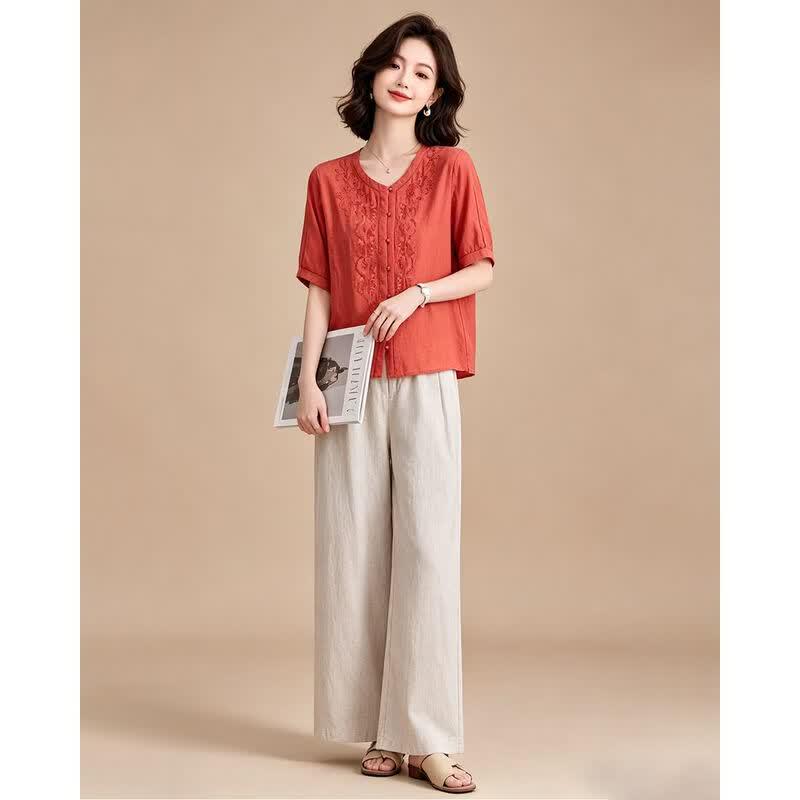 EST+II Summer Embroidered Shirt & Wide-Leg Pants Set