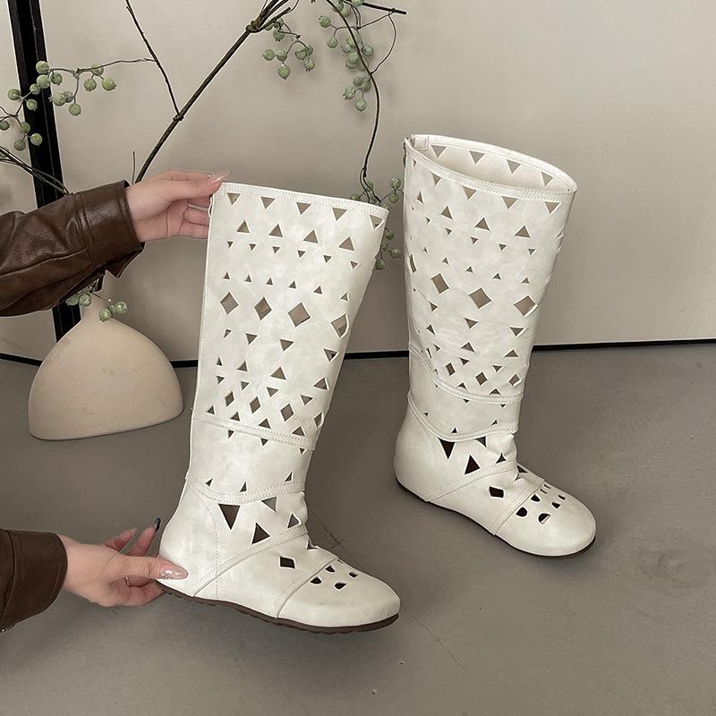 Spot second hair~ Bohemian niche design inner heightening knight boots women's hollow carved thin boots