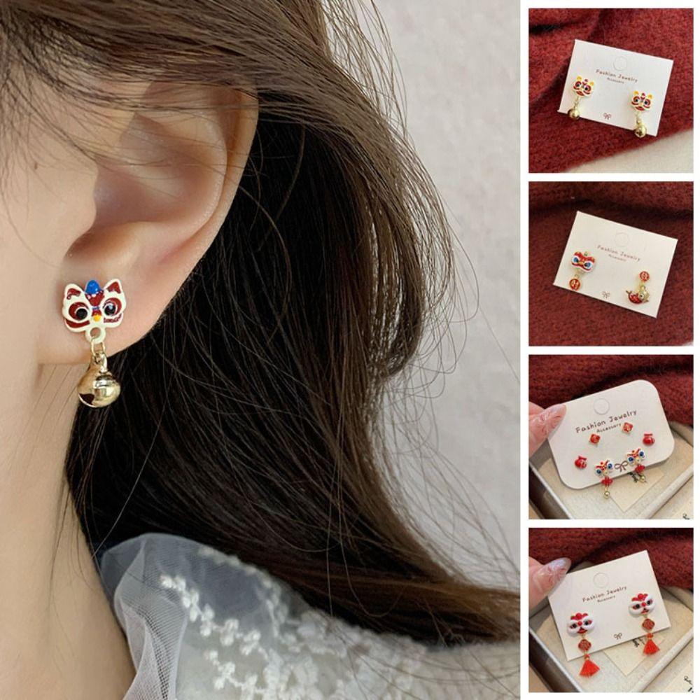 Cartoon Lion Dance Earrings Set Good Luck Bell Ear Studs New Year Earrings  New Year Gift