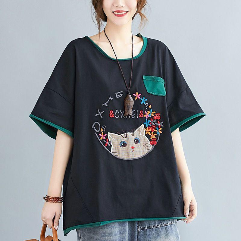 T-Shirts Damen Kunst Vintage Mode Design T-Shirt Lässig Locker Stickerei Kurzarm Übergroße Oberteile Sommer T-Shirt M schwarz
