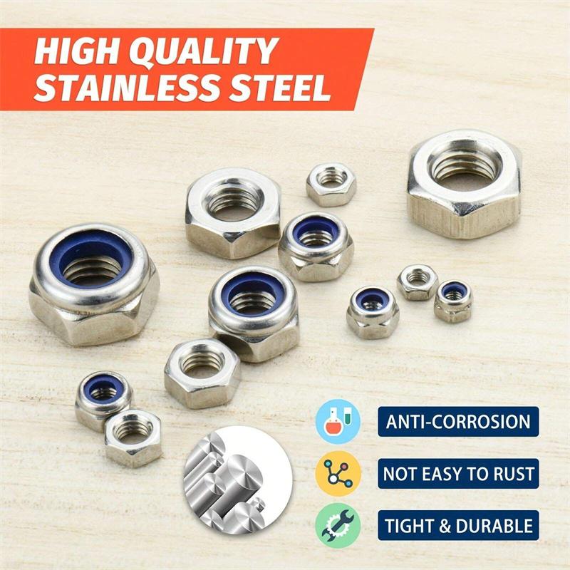 175pcs/Set Stainless Steel Locknuts & Hex Nuts Assortment Kit M3 M4 M5 M6 M8 M10 Sizes Metric Nylon Insert Lock & Hex Nut Set