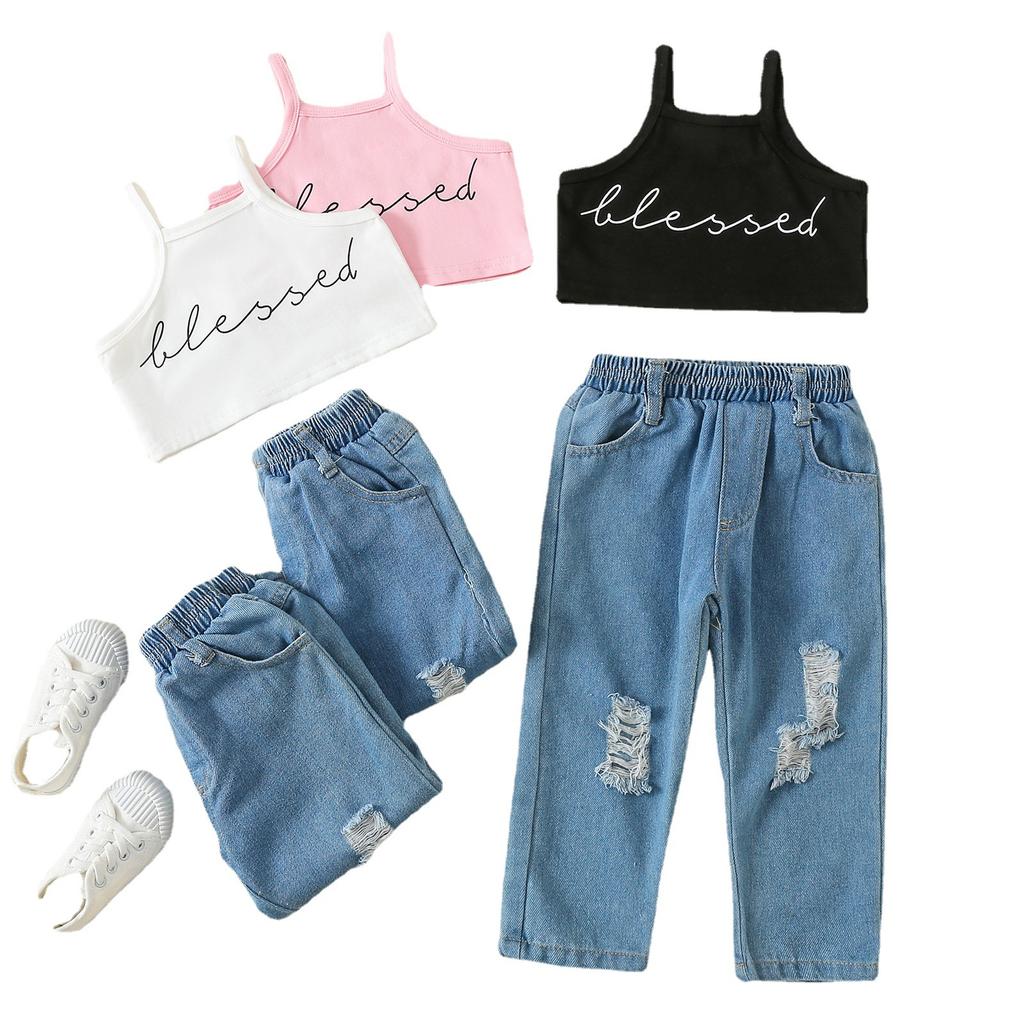 Summer Children's Fashion Short Letter Halter Top and Wide-leg Pants Two-piece Set