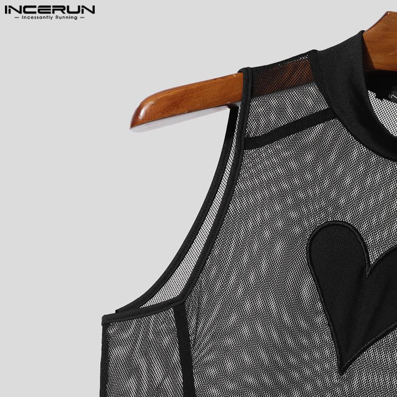 INCERUN Men Sleeveless Mesh Patchwork Printed Briefs Jumpsuits Bodysuits