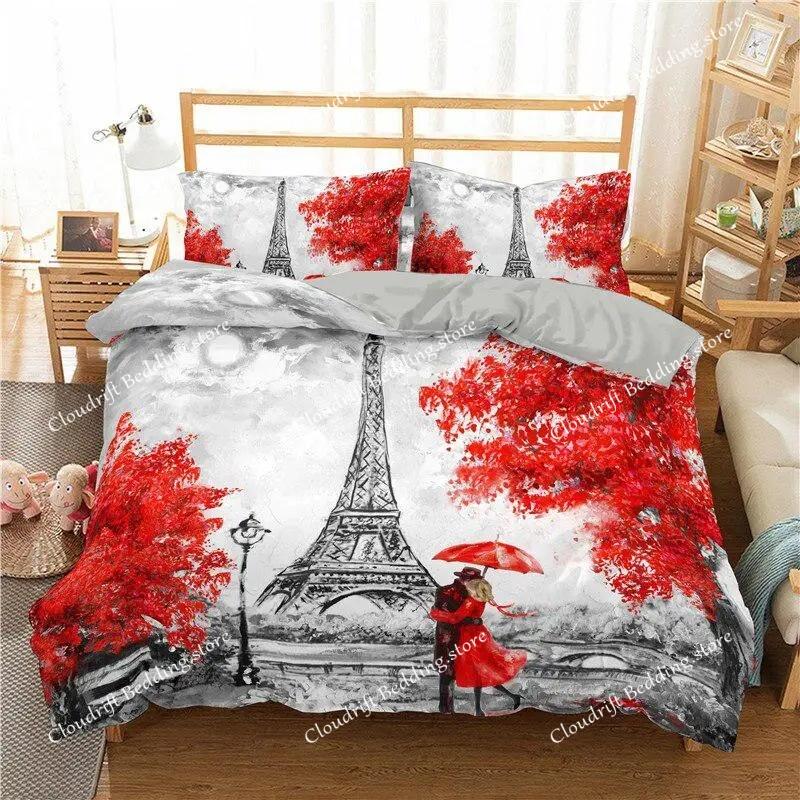 Eiffelturm Bettwäscheset Queen-Size Paar Valentinstag Bettbezugset für Frauen Romantisches Paris Bettbezug Raumdeko
