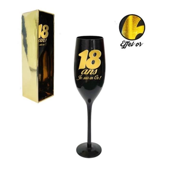 Flûte à champagne - anniversaire - 18 ans - noir et or - verre à pied - cadeau