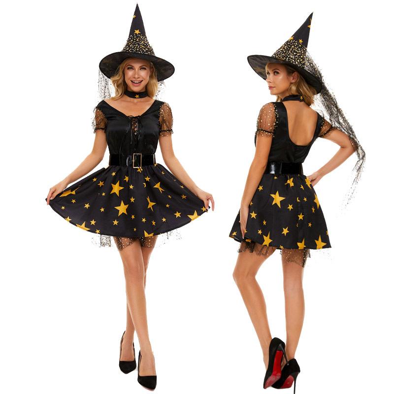 Halloween adult horror show costumes, jack-o-lantern witches, evil witches, star print dresses