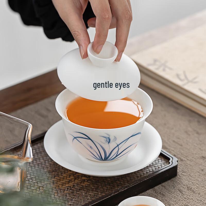 Handbemalte Keramik-Gaiwan mit goldverziertem Jade