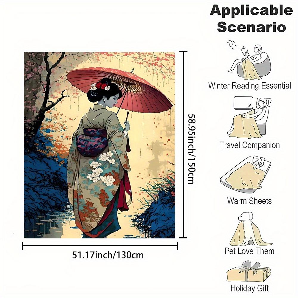 Japanese Kimono Umbrella Print Flannel Throw Blanket Soft Reversible All Season Home Office Gift