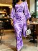Damen Lavendel Blumendruck Maxikleid Kimonoärmel V-Ausschnitt Raffung Wickel Taille Bodycon Elegantes Kleid