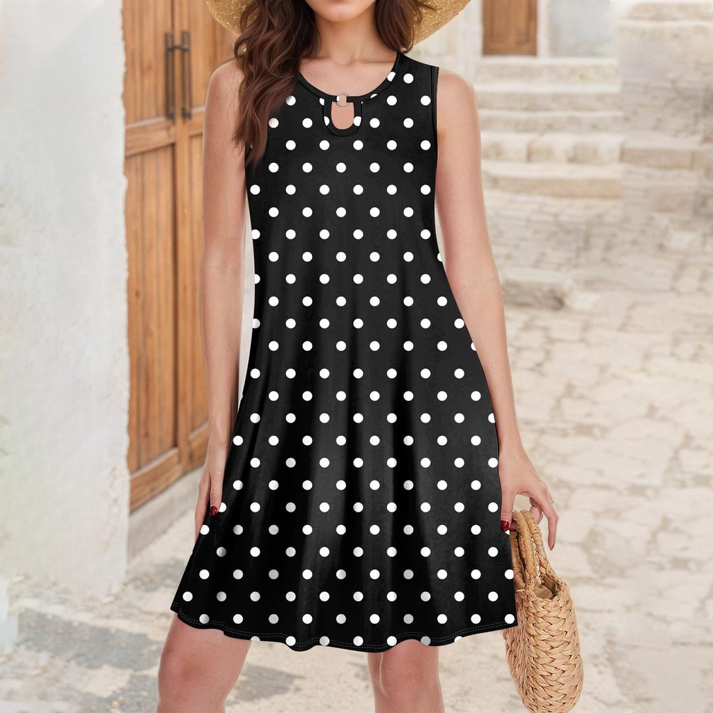 Damen Sommer Mode Tank Kleid A-Linie Ärmellos Lässig Floral/Einfarbig Taschenkleid