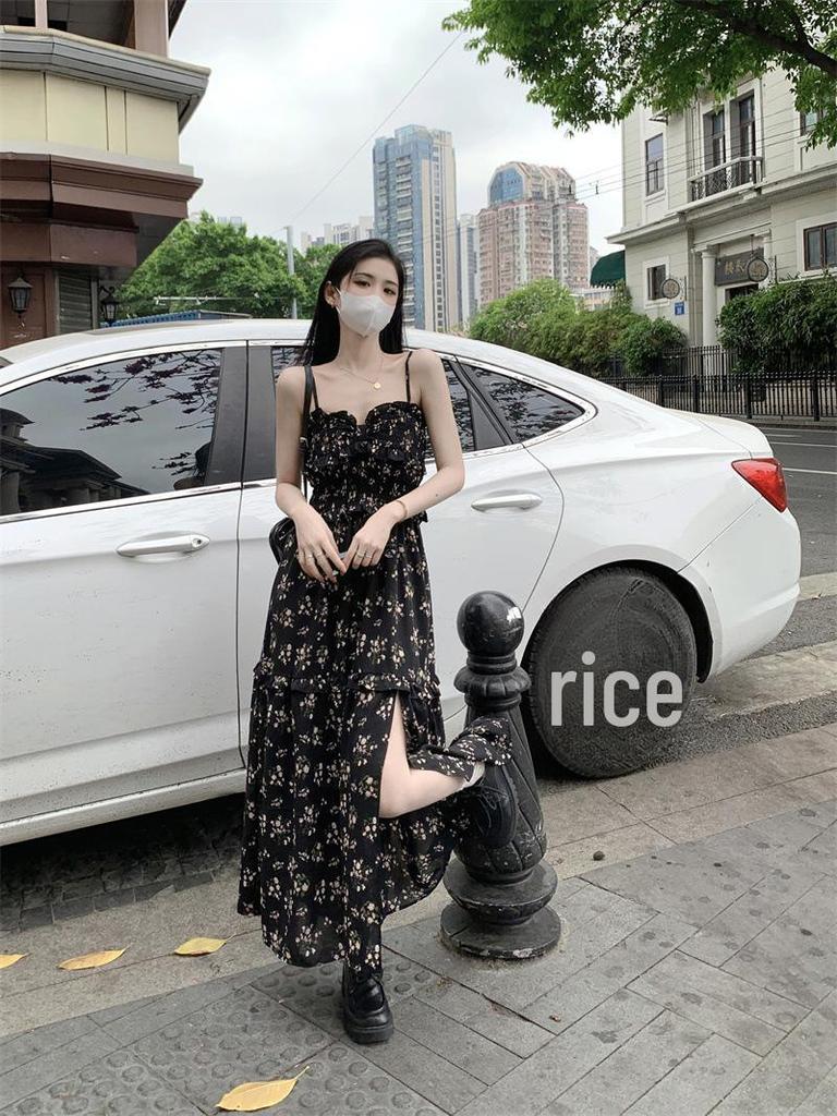 Chiffon Floral Summer Dress for Women - 2025 Design with Slimming Waist, Slit, and Square Neckline