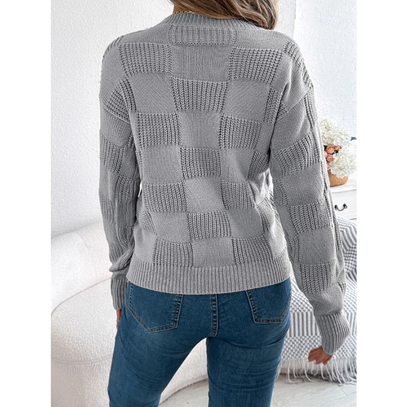 European American Style Solid Plaid Long Sleeve Pullover Sweater Women