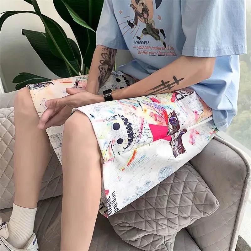 Summer Men's Creative Graffiti Casual Pants Loose Straight Harajuku Couple Sports Five-point Pants Breathable and Comfortable Outer Wear Shorts