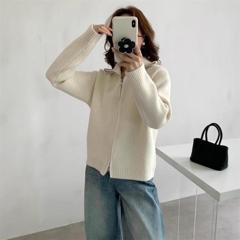 Double zipper knitted cardigan top autumn and winter new solid color loose soft waxy lazy sweater jacket women
