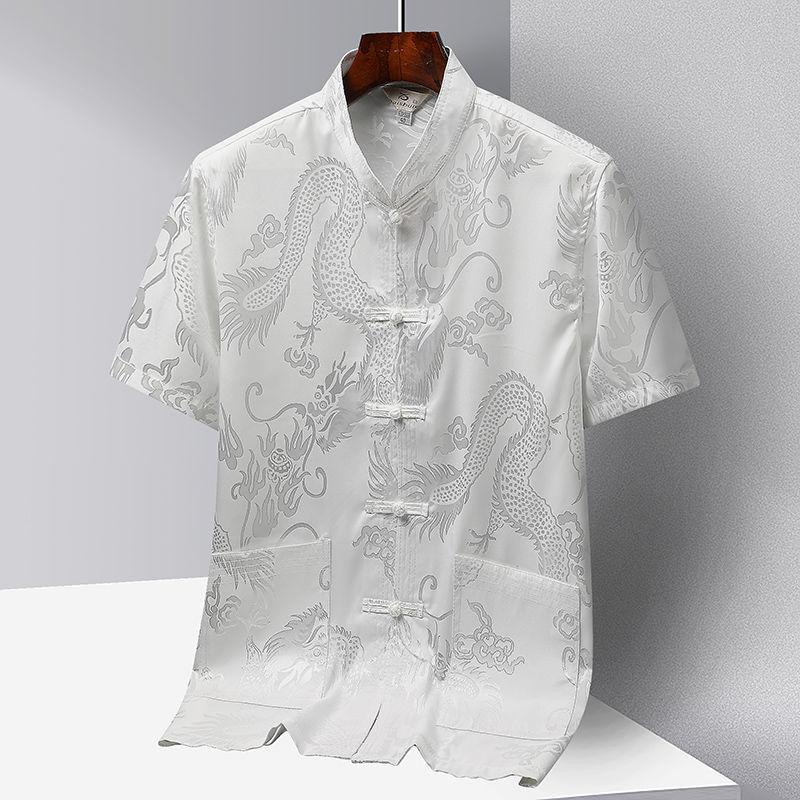 Ανδρικό κοντομάνικο πουκάμισο σε κινέζικο στυλ, καλοκαιρινό, με όρθιο γιακά, μονόκουμπο, διακοσμημένο με σχέδια κινέζικου δράκου.