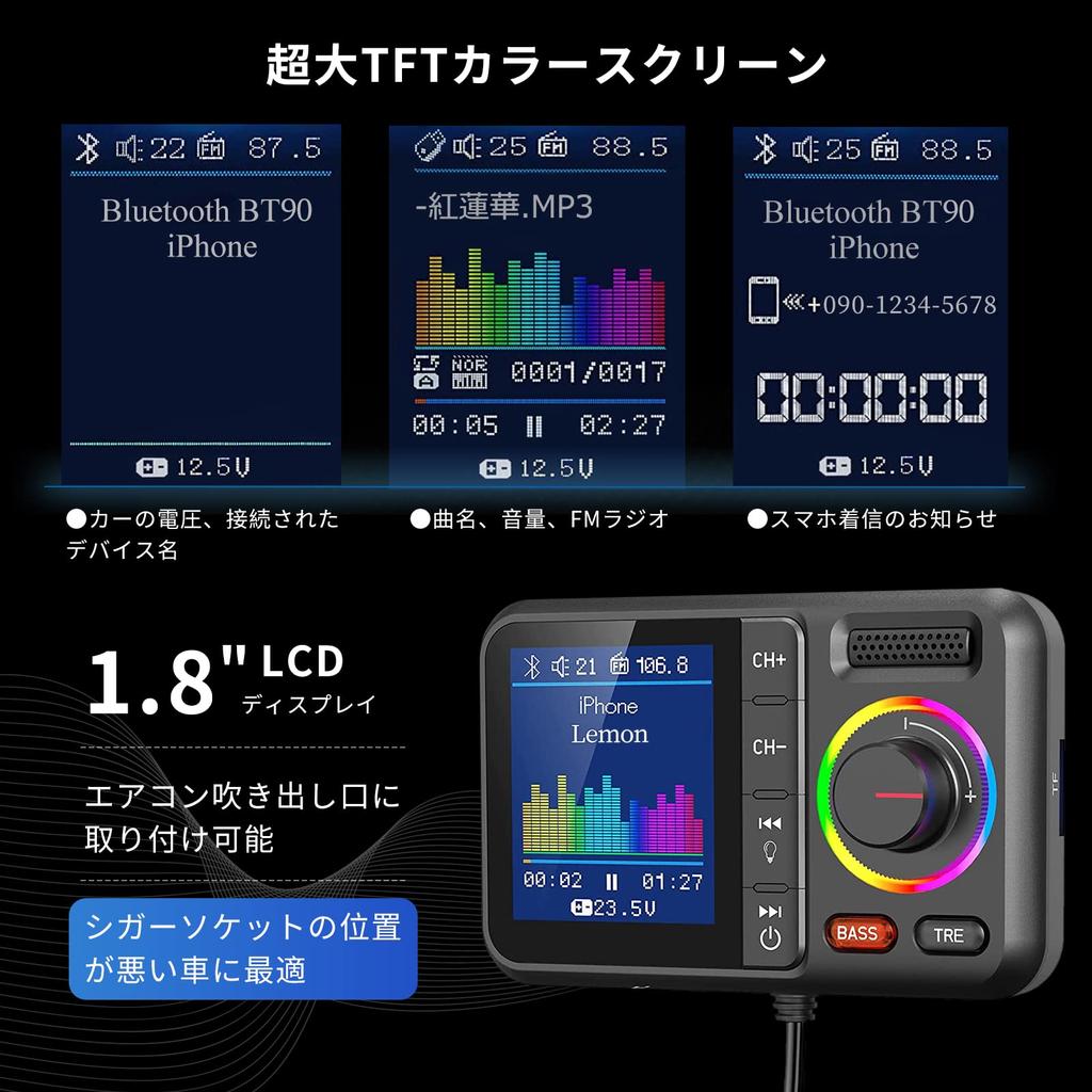 HUNDRUP FM Transmitter, Bluetooth 5.0, QC3.0 Rapid Charging, 2 USB Ports, Siri Voice Assistant,