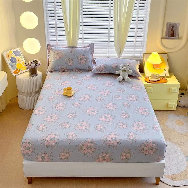 Soft Bedsheet Printed Fitted Sheet 100% Cotton Bed Cover Single/Queen Size Bed Linen Protetor De Colchão (No Pillowcase