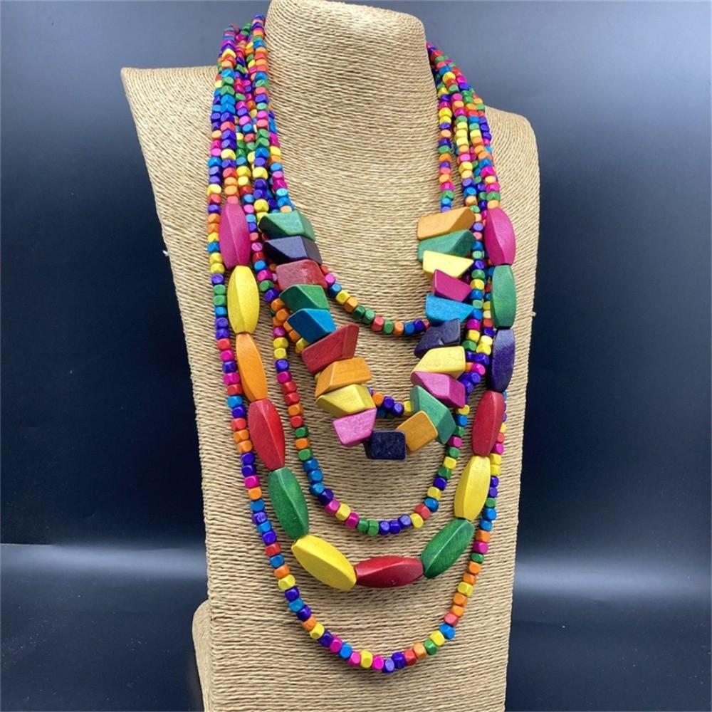 Colorful Irregular Wooden Beaded Necklace Handmade Bohemian Party Jewelry for Women