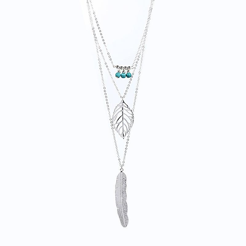 

1Pc Turquoise Necklace Leaf Pendant Feather Choker Necklace 3 Layer Chain Multilayer Necklace серебряный
