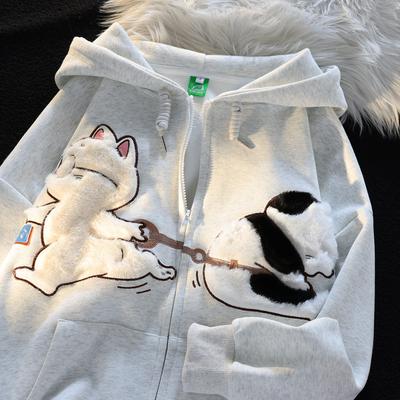 Cartoon Cat Zipper Sweater Women's 2025 New Design Sense Niche Oversize Couple Cardigan Jacket