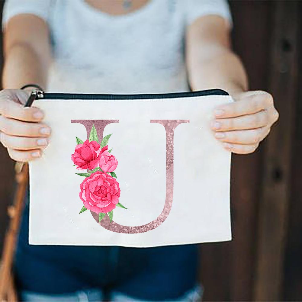 Pink Flowers Alphabet A-Z White Canvas Makeup Bags Zipper Cosmetic Pouch Ladies Casual Fashion Storage Organizer Make Up Bag