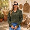 Women's Corduroy V-Neck Long Sleeve Button Front Blouse with Puff Sleeves, Ruffle Trim and Loose Fit