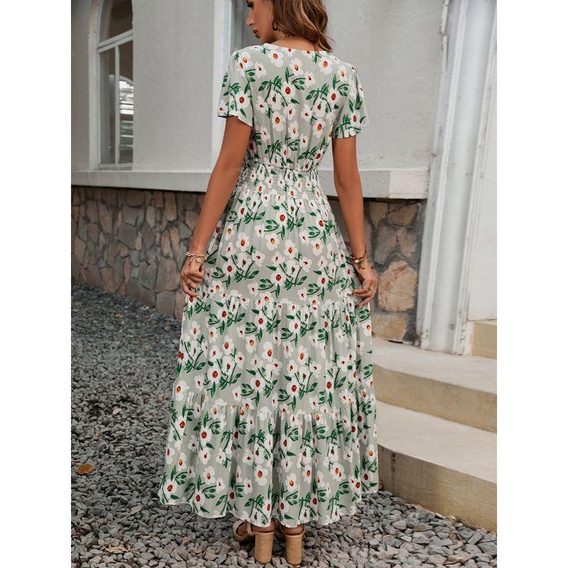 Summer New Arrival Fashion V-neck Short Sleeve Print Dress Women's European and American Fashion Waist-Tight Figure Flattering Wide Hem Long Dress