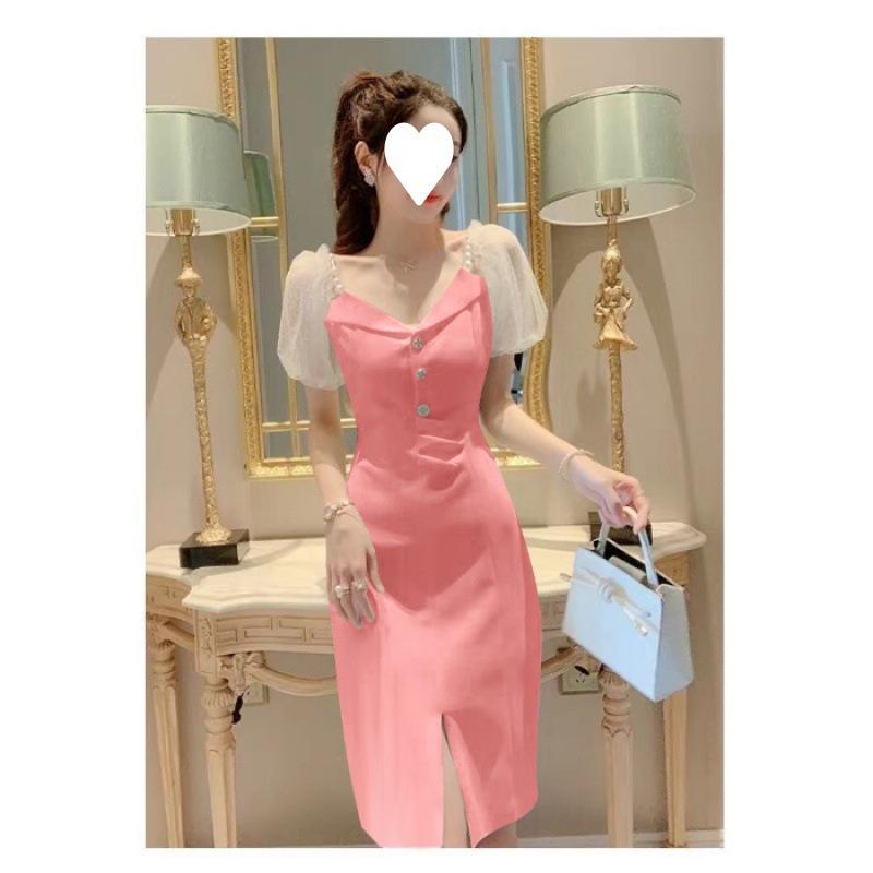 

Summer white high-end off-the-shoulder dress femininity gentle wind light ripe V-neck suspender split skirt ins 2XL