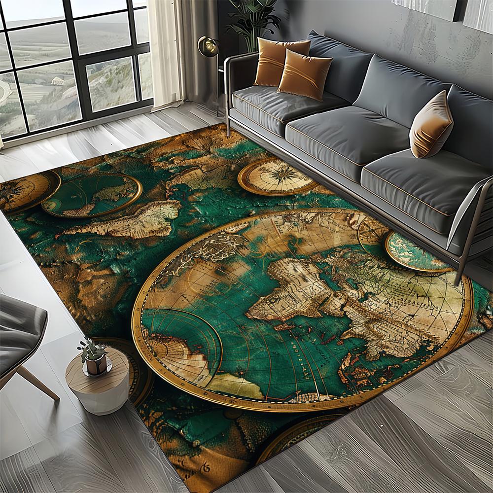 2025 New Style Retro Marine Nautical Chart Compass Carpet Rug for Home Living Room Bedroom Sofa Doormat Decor,Non-slip Floor Mat