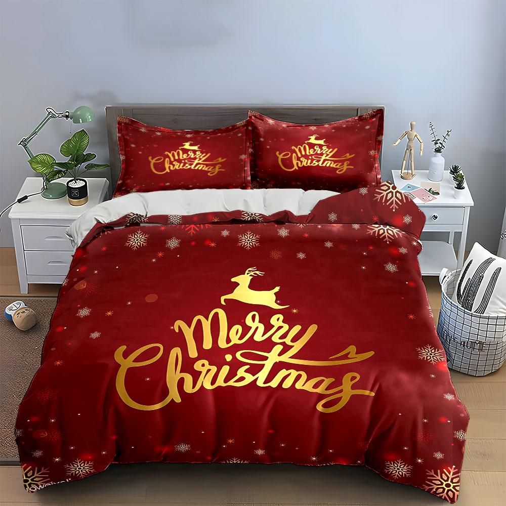 Merry Christmas Red Festive Set Bedding Duvet Cover Set Duvet Cover Pillowcases  (1*Duvet Cover 2*Pillowcases, Without Duvet Insert)