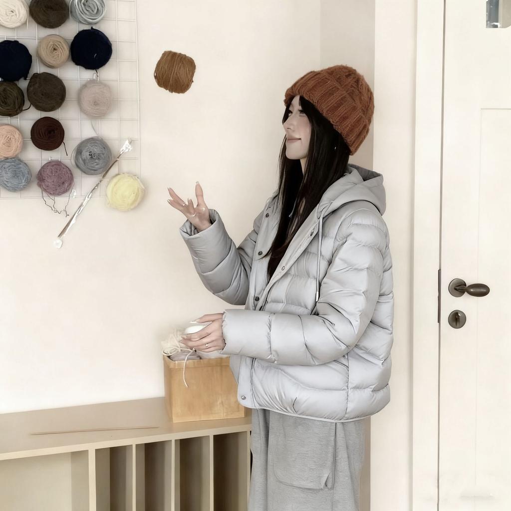 White duck down autumn and winter new warm knitted hooded splicing down jacket women's short small student jacket