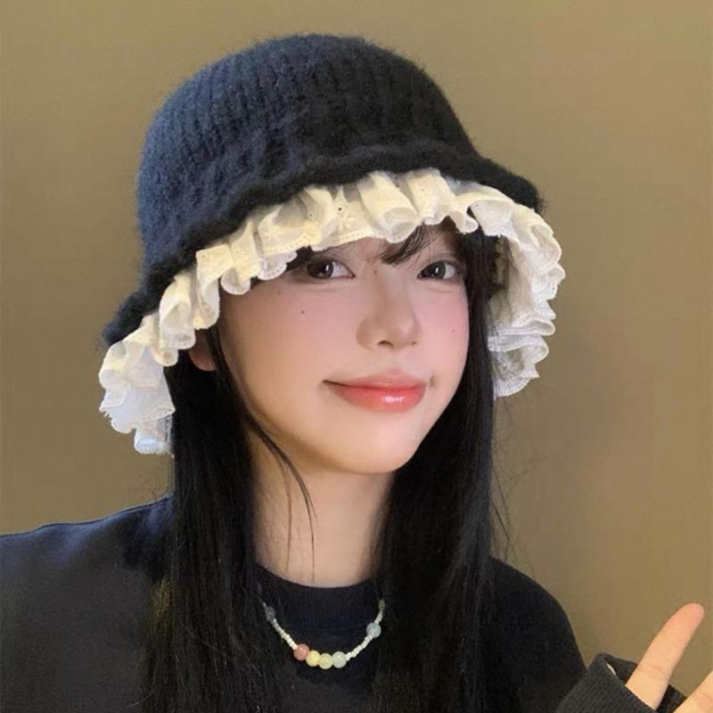 Lace Lace Bucket Hat Women's Autumn and Winter Sweet Wool Knitted Hat Showing Face Small Hat Winter