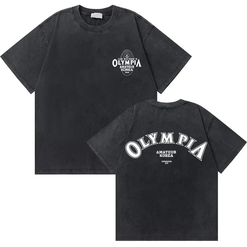 T-shirt Vintage Lavate Olympia Amateur Corea Stampa Double Face Uomo Fitness Palestra Copri Muscoli T-shirt Moda Maschile T-shirt Oversize