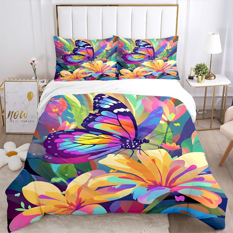 3Pcs Butterfly Print Printed Bedding Set, Breathable And Soft, Machine Washable, Christmas Gift, Suitable for Bedroom Decoration, 15145