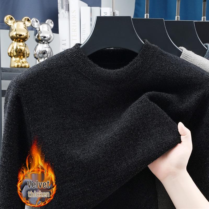 2025 Winter Men's High-End Fashion Knitted Sweater, Plus Velvet Thickened Long Sleeve Base Layer