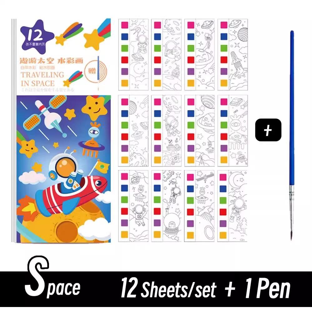 12 Sheets/Set Portable Watercolor Coloring Book - Flower Fairy/Monsters/Space Watercolor Doodle Book