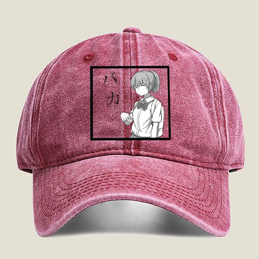 Anime Girl with “Baka” Text Washed Baseball Cap