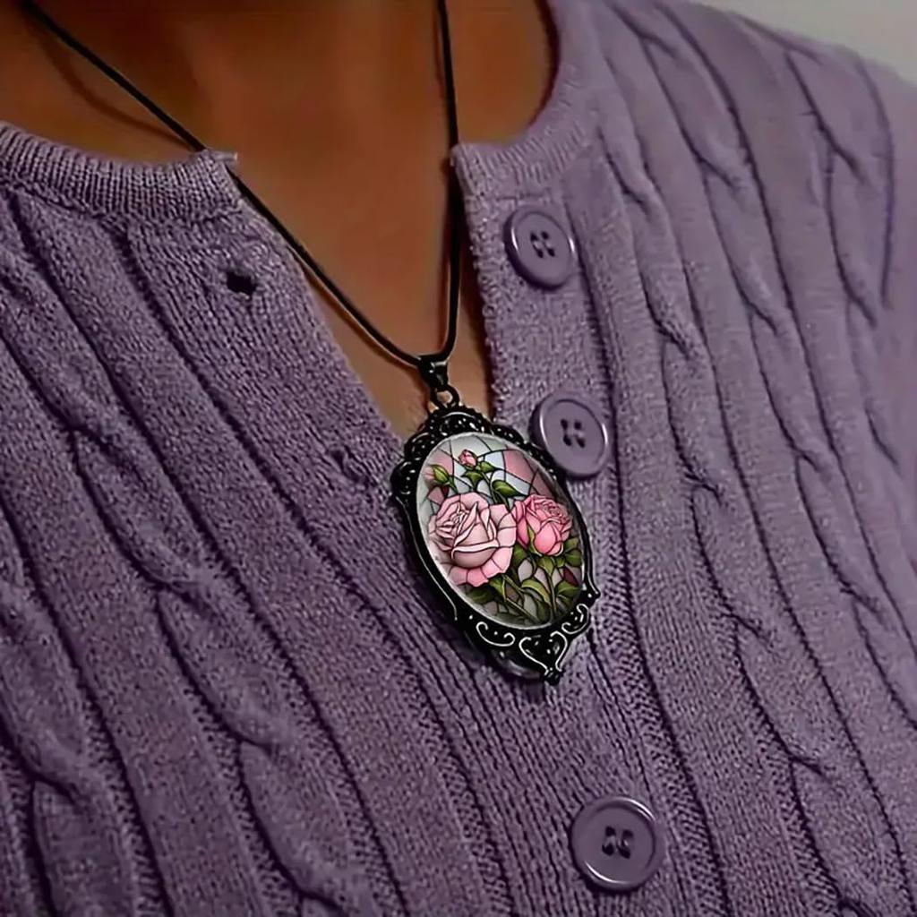 Gothic Rose Glass Necklace for Women Vintage Satan Demon Pendant Halloween Roses Necklaces Dark Punk Style Necklace Victoria Emboss Necklaces Mystic