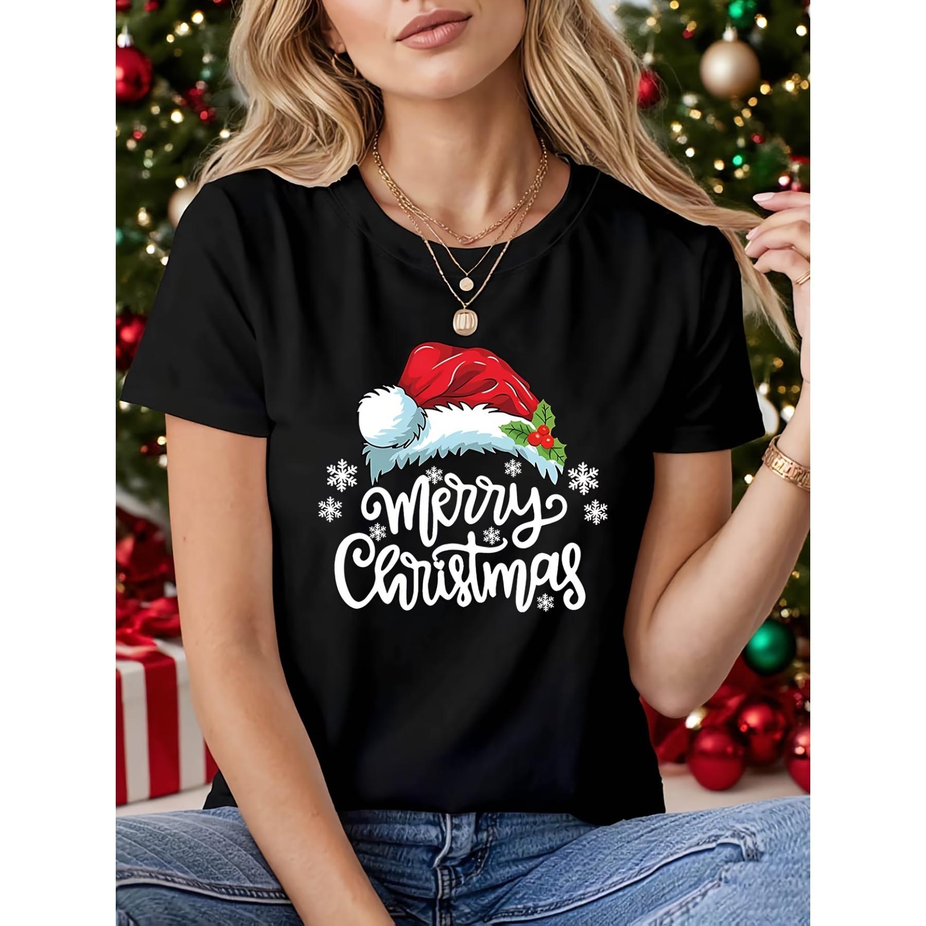 Женская Рождественская футболка - Принт «С Рождеством» и Праздничные Пожелания, Короткий рукав, Круглый вырез, Повседневная футболка - Средняя эластичность для Весенне-Летнего сезона S чёрный