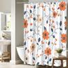 1 Stylish Floral Shower Curtain with Orange, Beige and Blue Flowers On White Background with Hooks Polyester Fabric for Bathroom