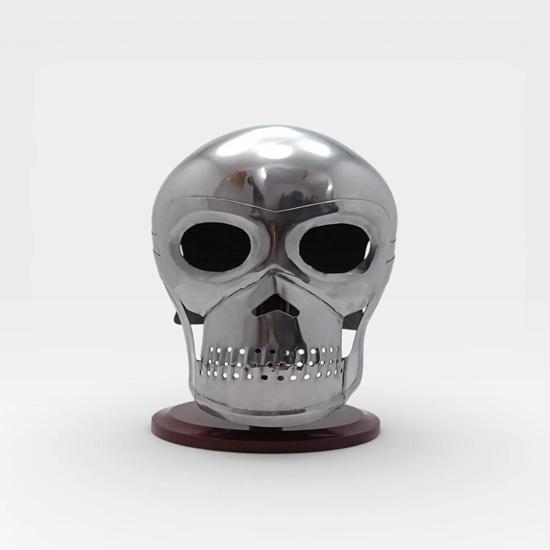 Medieval Skeleton Skull Helmet, Handmade Full Face Steel Armor with Stand