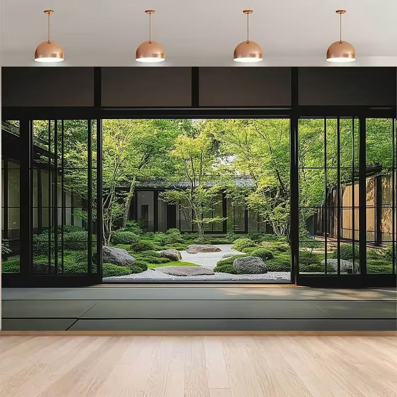 

2D Calming Tapestry, Black Sliding Doors to Serene Green Zen Courtyard 47.2x31.5inch/120*80cm