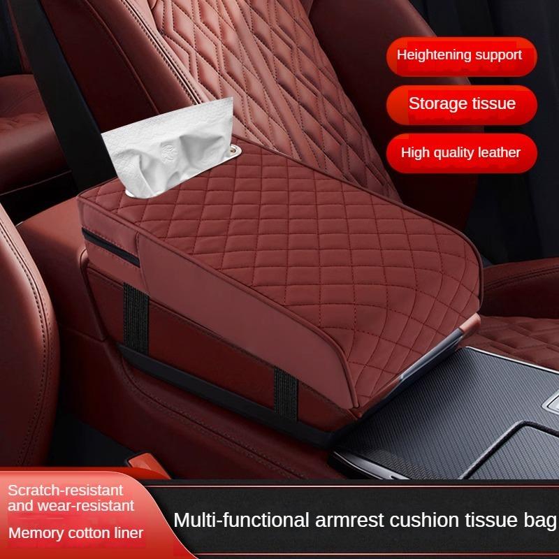 Car Armrest Cover Leather With Tissue Storage Memory Foam Height Pad Universal Auto Center Armrest Protective Cushion Support